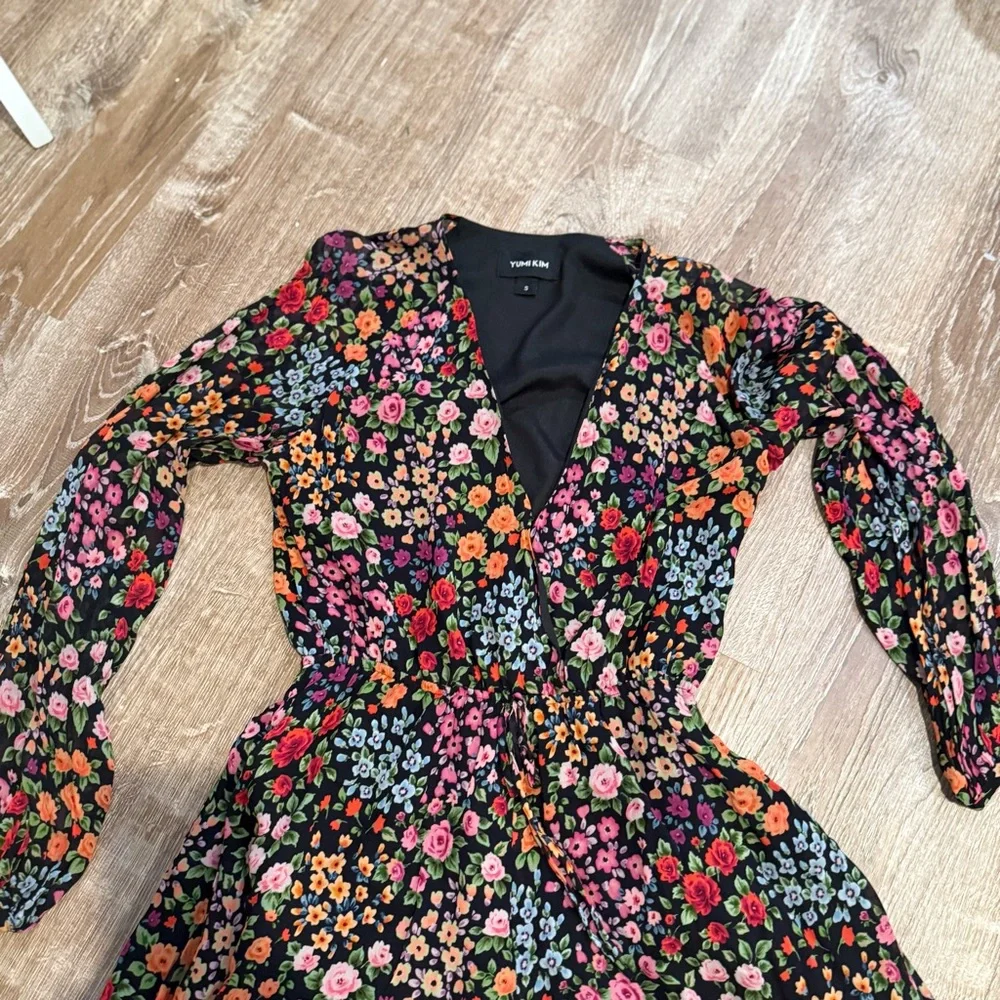 Yumi Kim, Black Floral Romper V-Neck Long Sleeve Chiffon, Size S